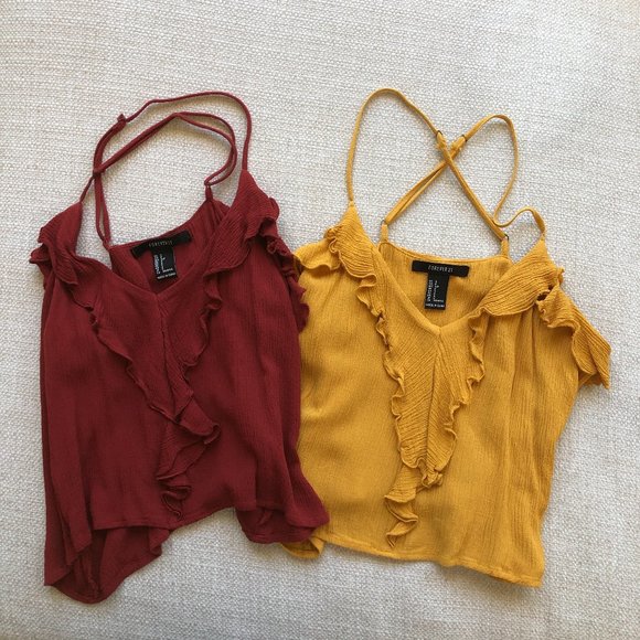 Cropped Tank Tops with Ruffles ~ Set of Two - Picture 1 of 6